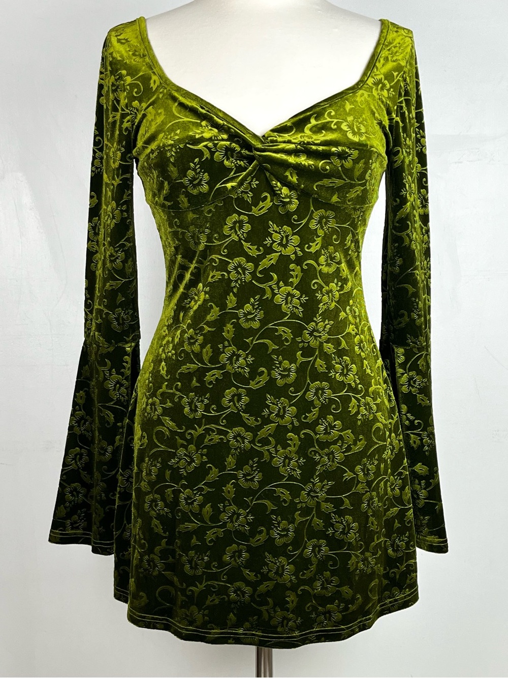 Cider Green Floral Velvet Dress with Bell Sleeves